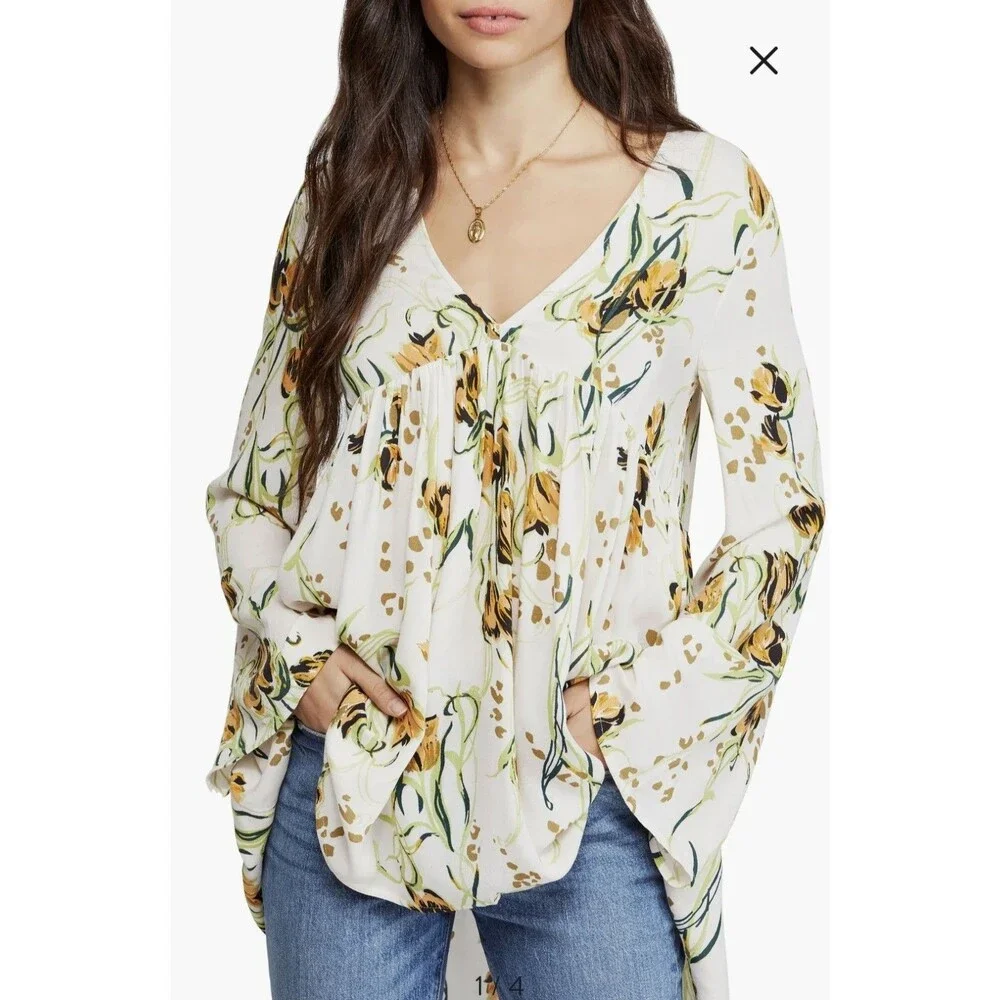 Free People Womens Small Floral Blouse Bella Print Tunic Top Babydoll Romantic
